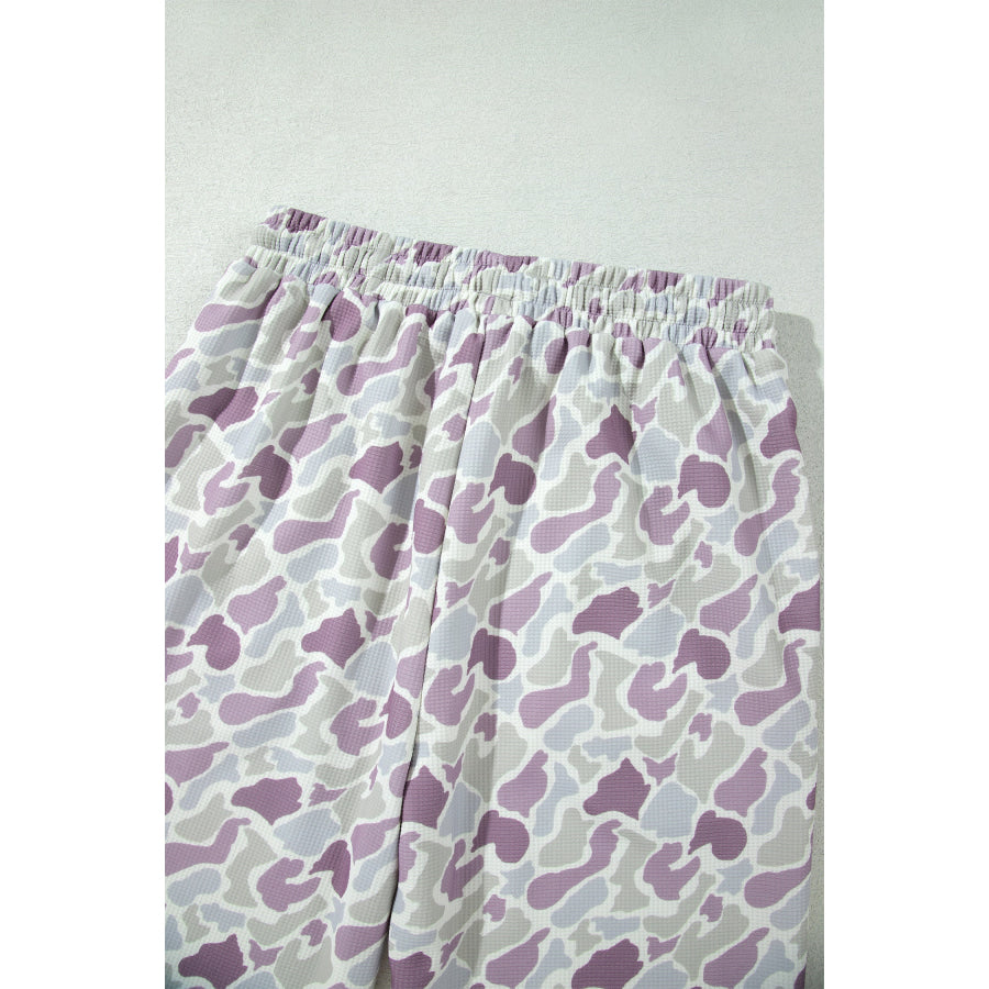 Green Camo Print Drawstring Waist Loose Fit Full Length Pants Bottoms/Pants & Culotte