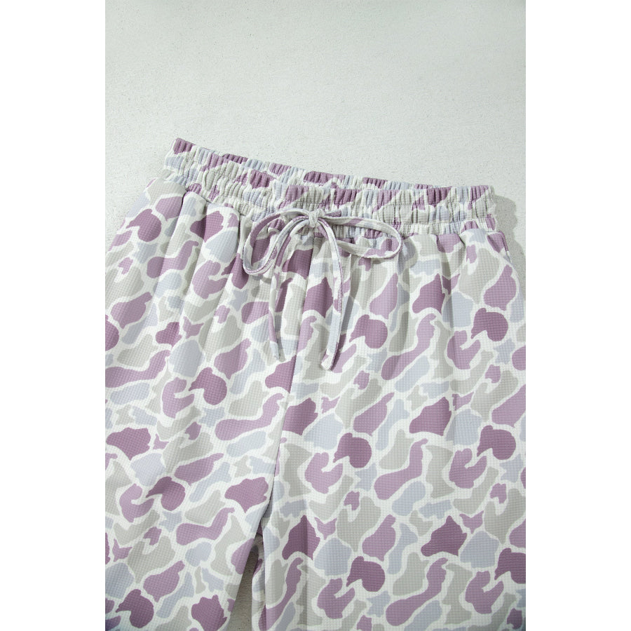 Green Camo Print Drawstring Waist Loose Fit Full Length Pants Bottoms/Pants & Culotte