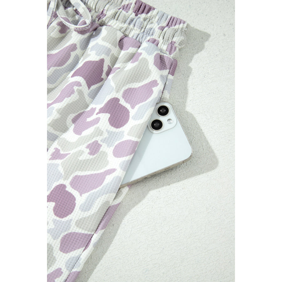 Green Camo Print Drawstring Waist Loose Fit Full Length Pants Bottoms/Pants & Culotte