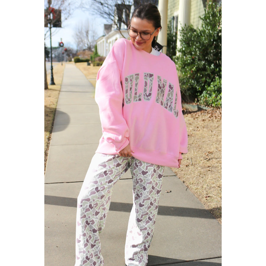 Green Camo Print Drawstring Waist Loose Fit Full Length Pants Bottoms/Pants & Culotte