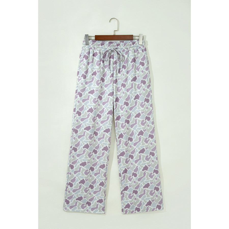 Green Camo Print Drawstring Waist Loose Fit Full Length Pants Bottoms/Pants & Culotte