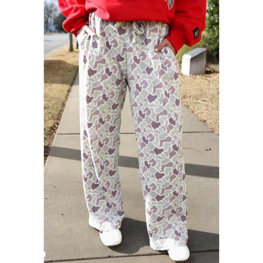 Green Camo Print Drawstring Waist Loose Fit Full Length Pants Bottoms/Pants & Culotte