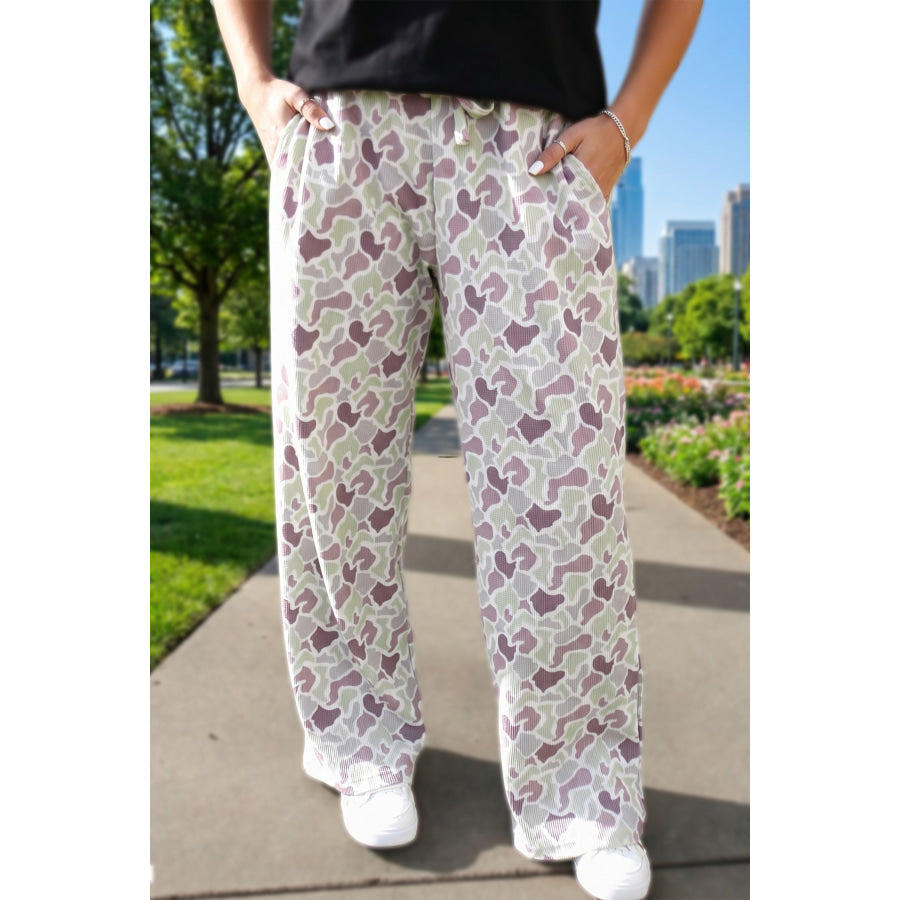 Green Camo Print Drawstring Waist Loose Fit Full Length Pants Green / S / 100% Polyester Bottoms/Pants & Culotte