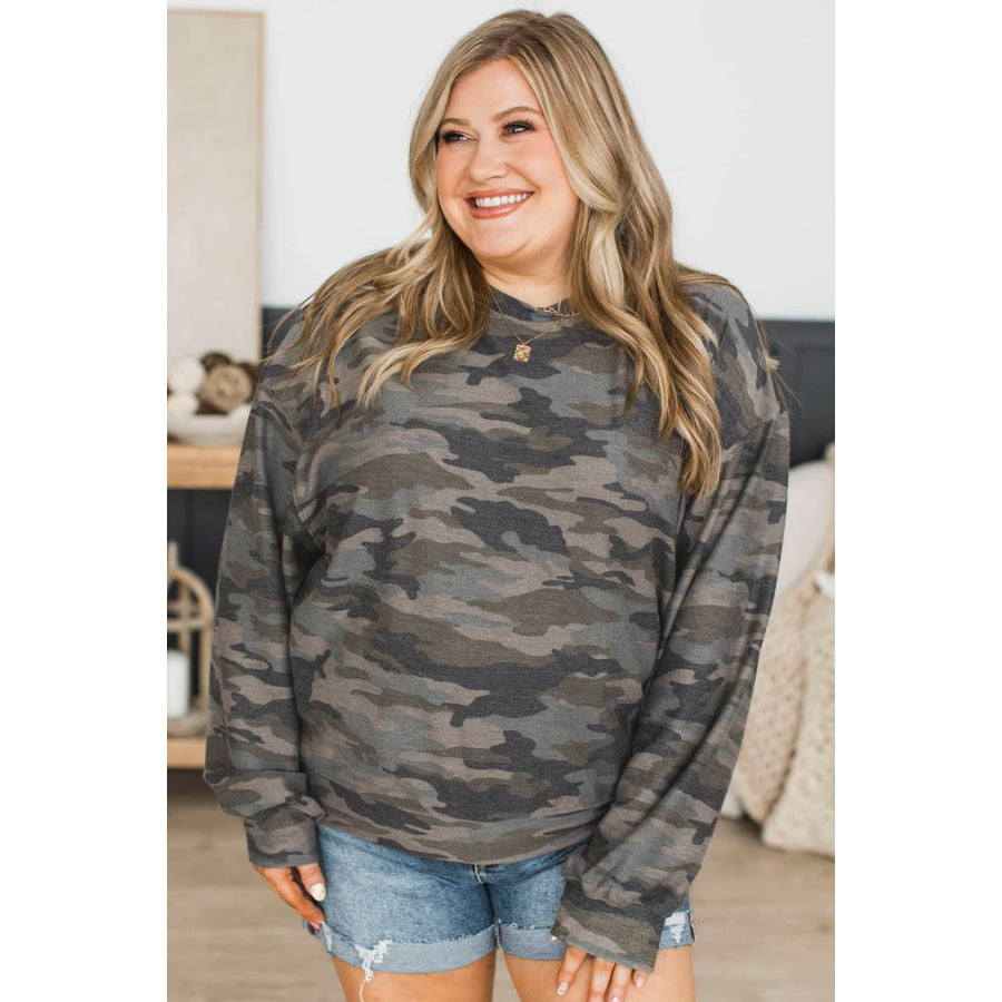 Green Camo Print Long Sleeve Plus Size Blouse Size/Plus Tops/Plus Tops