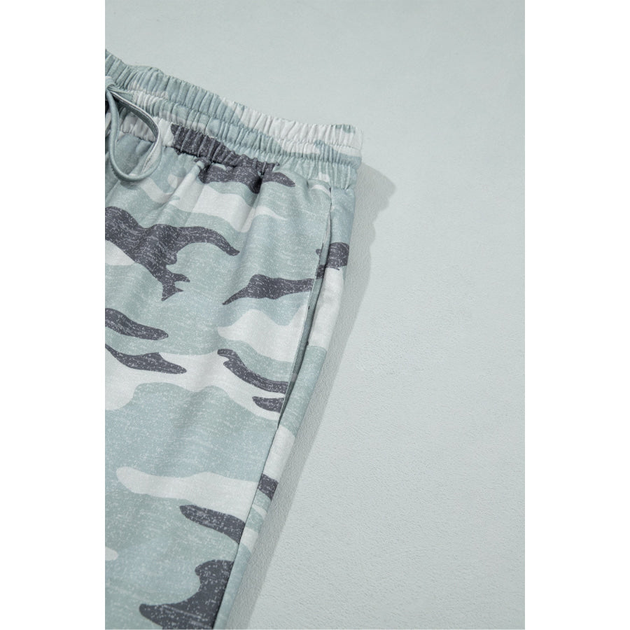 Green Camo Wide Leg Tie Elastic Waist Casual Pants Bottoms/Pants & Culotte