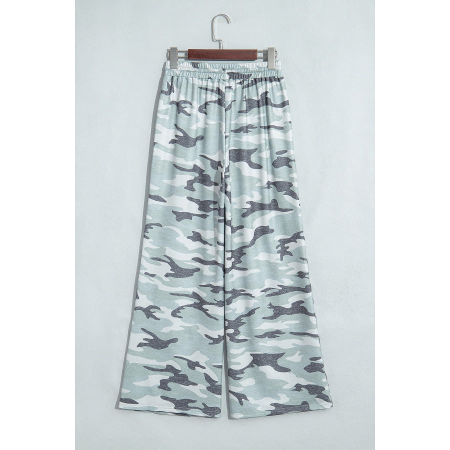 Green Camo Wide Leg Tie Elastic Waist Casual Pants Bottoms/Pants & Culotte
