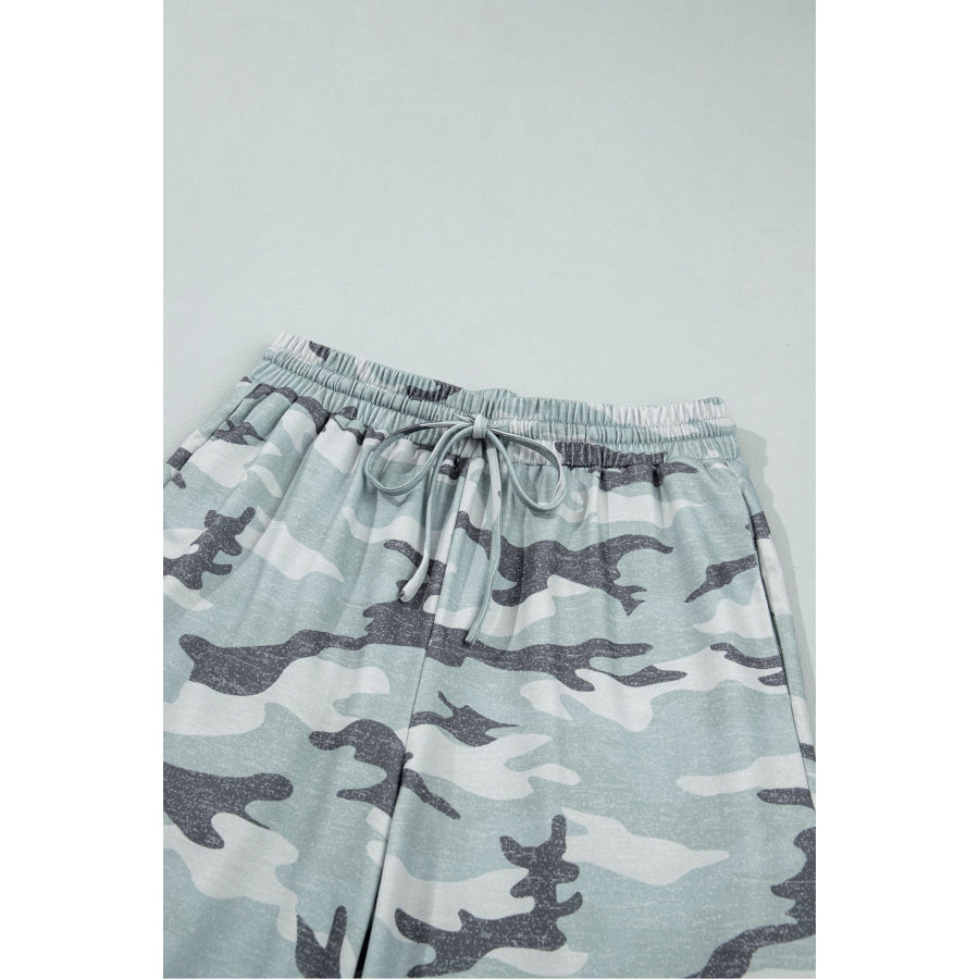 Green Camo Wide Leg Tie Elastic Waist Casual Pants Bottoms/Pants & Culotte