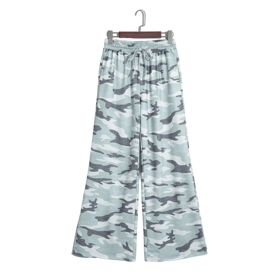 Green Camo Wide Leg Tie Elastic Waist Casual Pants Bottoms/Pants & Culotte