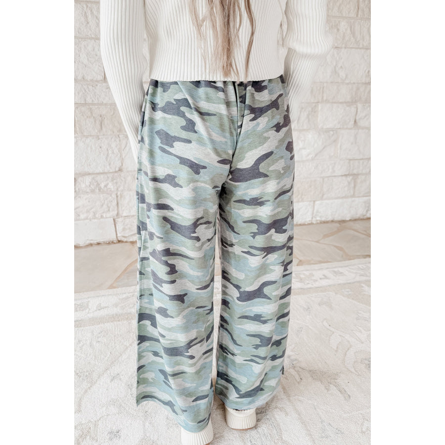 Green Camo Wide Leg Tie Elastic Waist Casual Pants Green / S Bottoms/Pants & Culotte