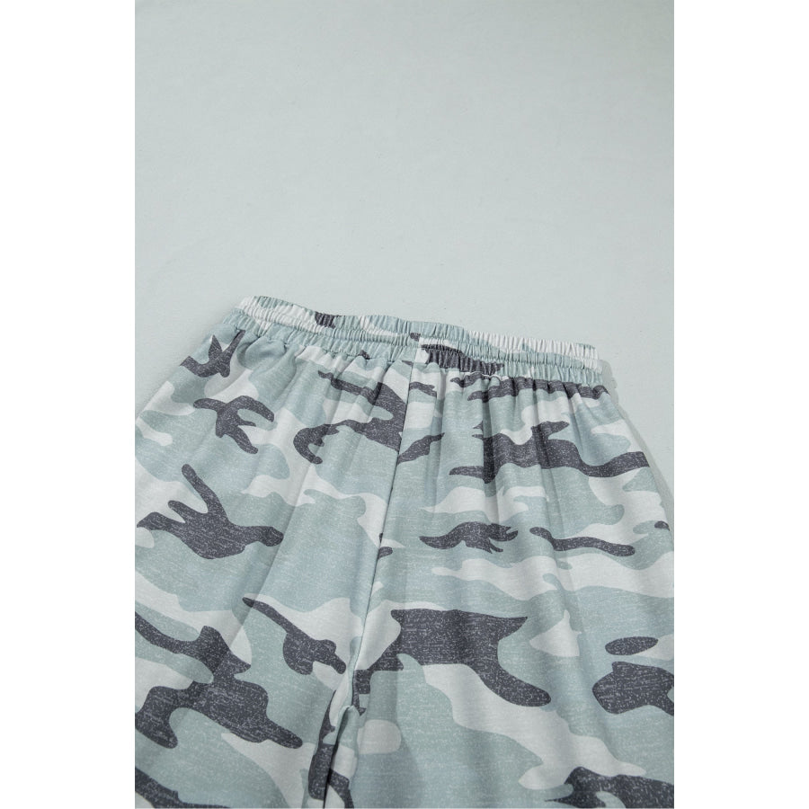 Green Camo Wide Leg Tie Elastic Waist Casual Pants Bottoms/Pants & Culotte