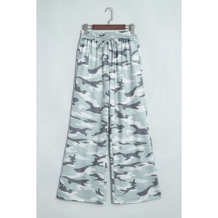 Green Camo Wide Leg Tie Elastic Waist Casual Pants Bottoms/Pants & Culotte