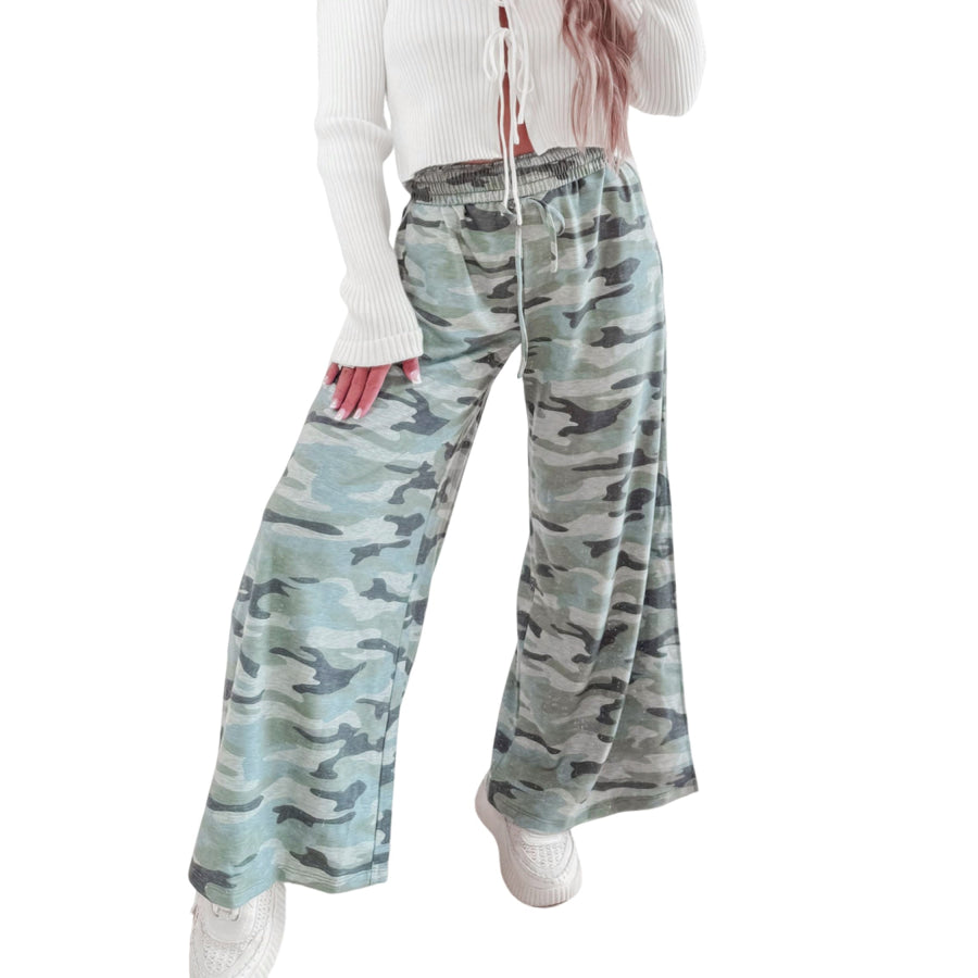 Green Camo Wide Leg Tie Elastic Waist Casual Pants Bottoms/Pants & Culotte