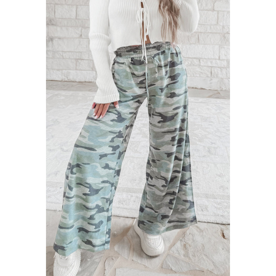 Green Camo Wide Leg Tie Elastic Waist Casual Pants Green / S Bottoms/Pants & Culotte