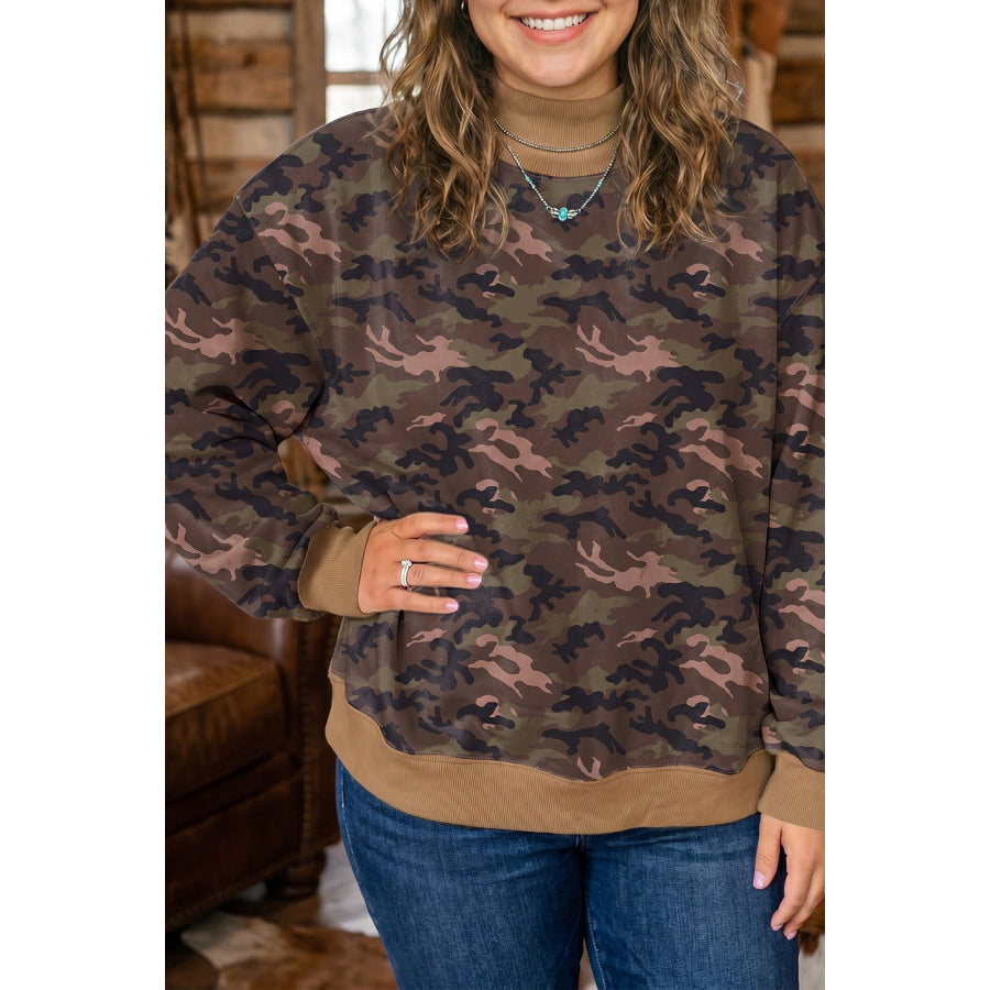 Green Camouflage Print High Neck Long Sleeve Oversized Shift Silhouette Tunic Length Plus Size Sweatshirt / 1X / 95% Polyester + 5%