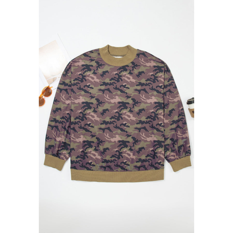 Green Camouflage Print High Neck Long Sleeve Oversized Shift Silhouette Tunic Length Plus Size Sweatshirt Size/Plus Sweatshirts & Hoodies