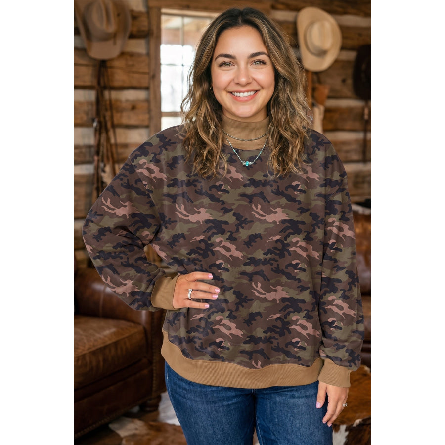 Green Camouflage Print High Neck Long Sleeve Oversized Shift Silhouette Tunic Length Plus Size Sweatshirt Size/Plus Sweatshirts & Hoodies