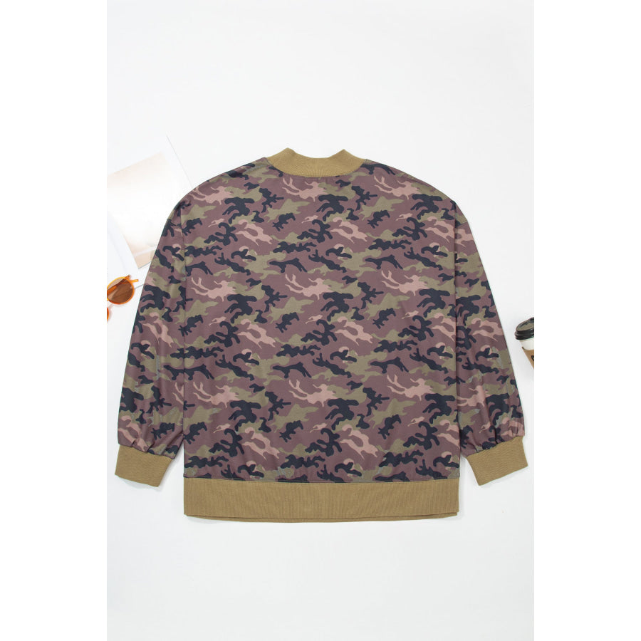 Green Camouflage Print High Neck Long Sleeve Oversized Shift Silhouette Tunic Length Plus Size Sweatshirt Size/Plus Sweatshirts & Hoodies