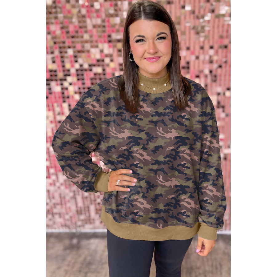 Green Camouflage Print High Neck Long Sleeve Oversized Shift Silhouette Tunic Length Plus Size Sweatshirt Size/Plus Sweatshirts & Hoodies