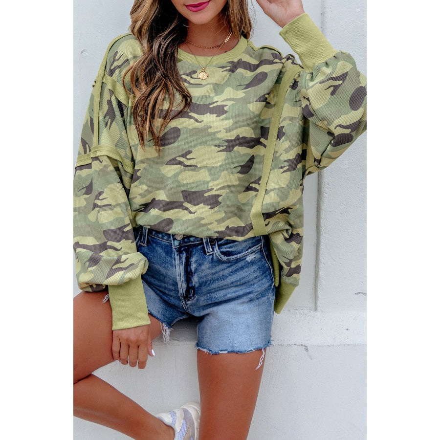 Green Camouflage Waffle Knit Raw Edge Contrast Trim Oversized Long Sleeve Top Green / S / 100% Polyester Tops/Long Sleeve Tops