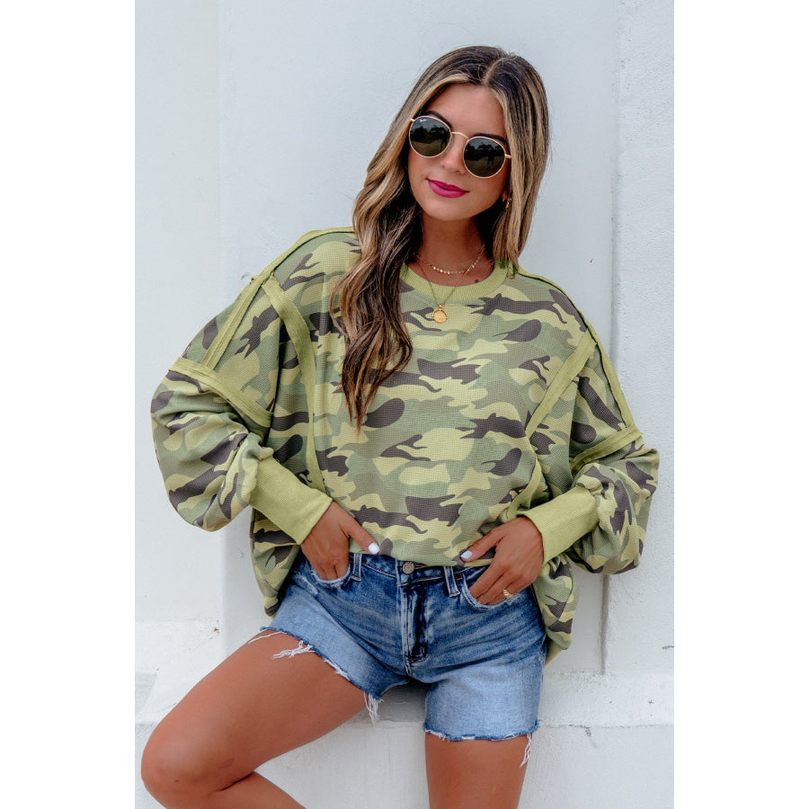 Green Camouflage Waffle Knit Raw Edge Contrast Trim Oversized Long Sleeve Top Tops/Long Sleeve Tops