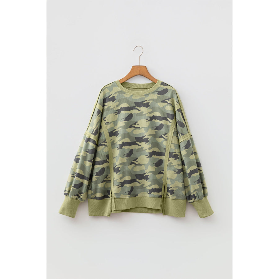Green Camouflage Waffle Knit Raw Edge Contrast Trim Oversized Long Sleeve Top Tops/Long Sleeve Tops