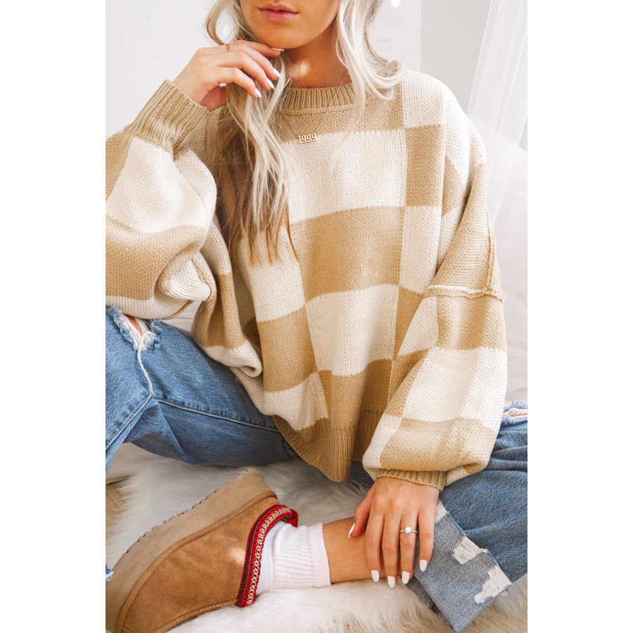 Green Checkered Bishop Sleeve Sweater Khaki / S / 100% Acrylic Sweaters & Cardigans/Sweaters