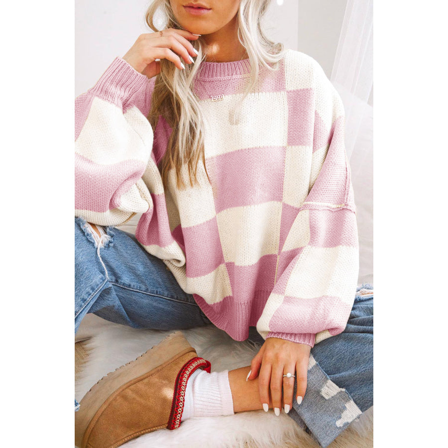 Green Checkered Bishop Sleeve Sweater Pink / S / 100% Acrylic Sweaters & Cardigans/Sweaters