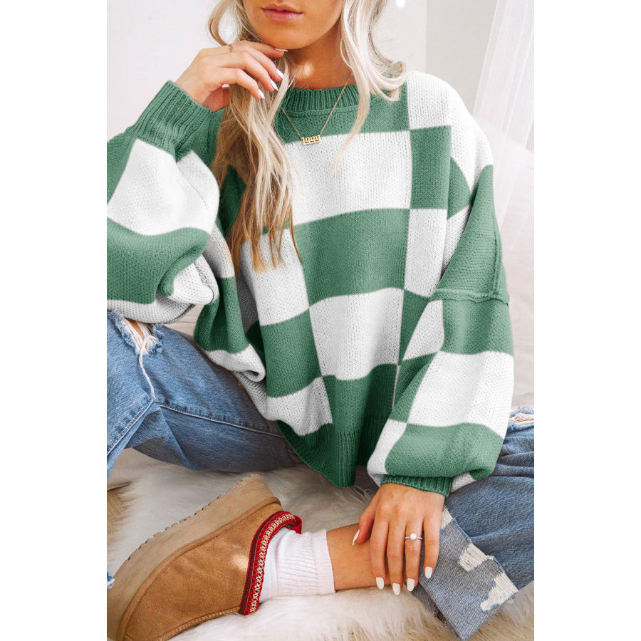 Green Checkered Bishop Sleeve Sweater Green / S / 100% Acrylic Sweaters & Cardigans/Sweaters