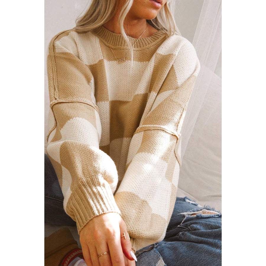 Green Checkered Bishop Sleeve Sweater Sweaters & Cardigans/Sweaters