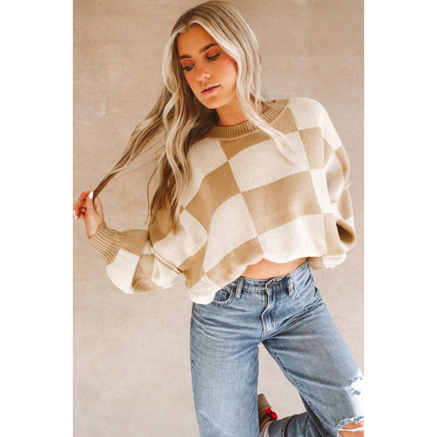 Green Checkered Bishop Sleeve Sweater Sweaters & Cardigans/Sweaters