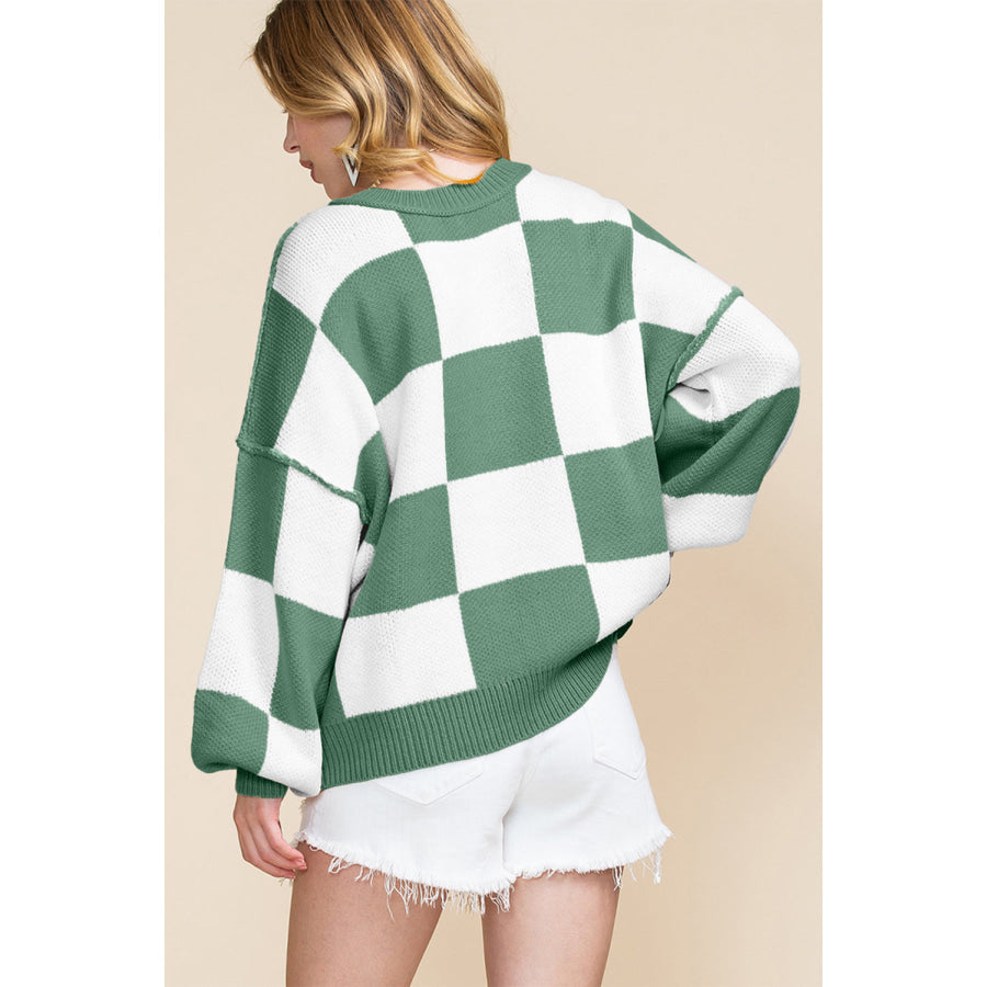 Green Checkered Bishop Sleeve Sweater Green / S / 100% Acrylic Sweaters & Cardigans/Sweaters