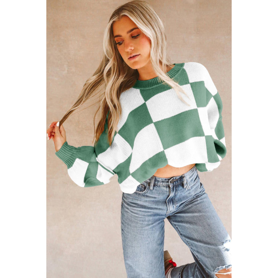 Green Checkered Bishop Sleeve Sweater Sweaters & Cardigans/Sweaters