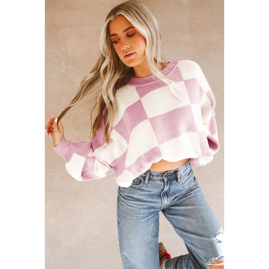 Green Checkered Bishop Sleeve Sweater Sweaters & Cardigans/Sweaters