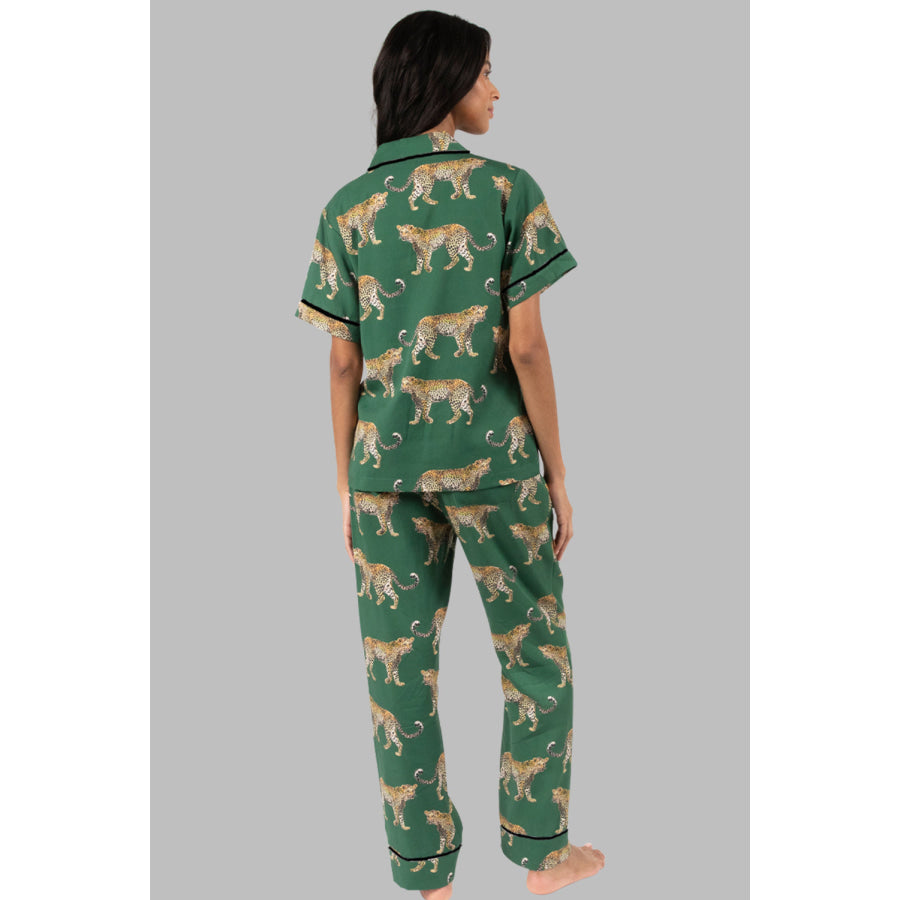 Green Cheetah Print Short Sleeve Shirt and Pants Pajama Set Loungewear & Sleepwear/Sleepwear