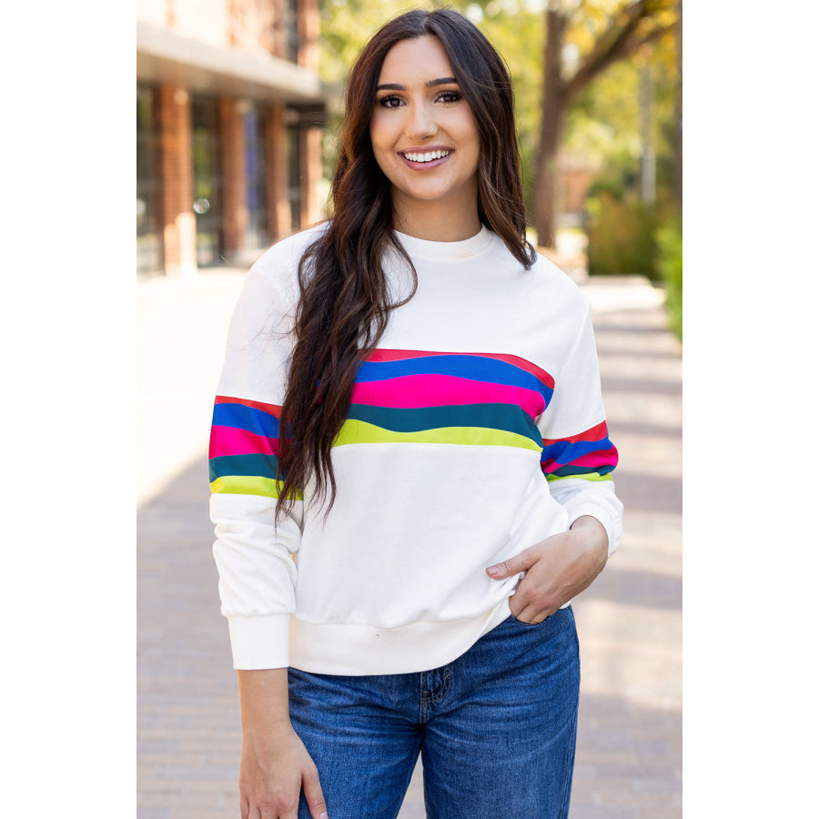 Green Colorful Striped Accent Long Sleeve T Shirt White / S / 70% Polyester + 30% Cotton Sale (50% OFF)/Sale (50% OFF)