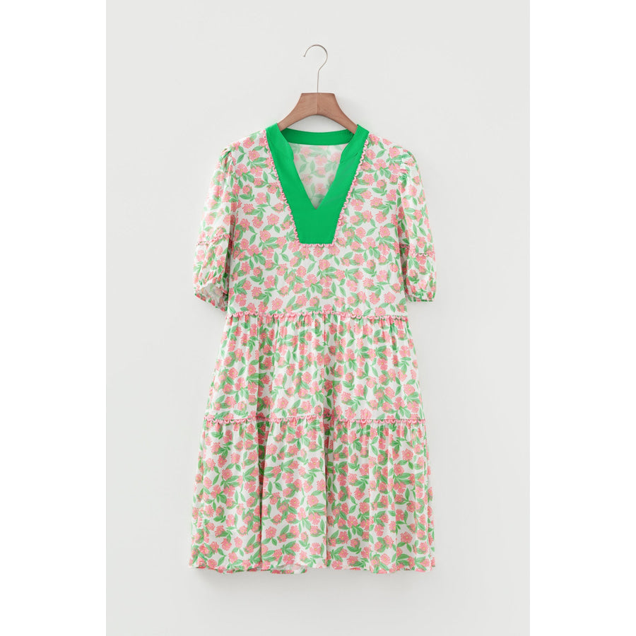 Green Contrast Neckline Ricrac Trim Floral Short Puff Sleeve Dress Dresses/Mini Dresses