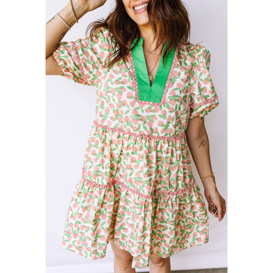 Green Contrast Neckline Ricrac Trim Floral Short Puff Sleeve Dress Dresses/Mini Dresses