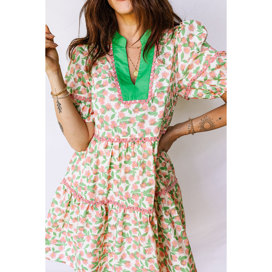 Green Contrast Neckline Ricrac Trim Floral Short Puff Sleeve Dress Green / S / 100% Viscose Dresses/Mini Dresses