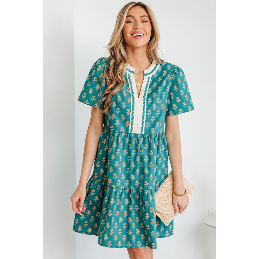 Green Contrast Trim V Neck Short Sleeve Floral Dress Green / S / 100% Cotton Dresses/Floral Dresses