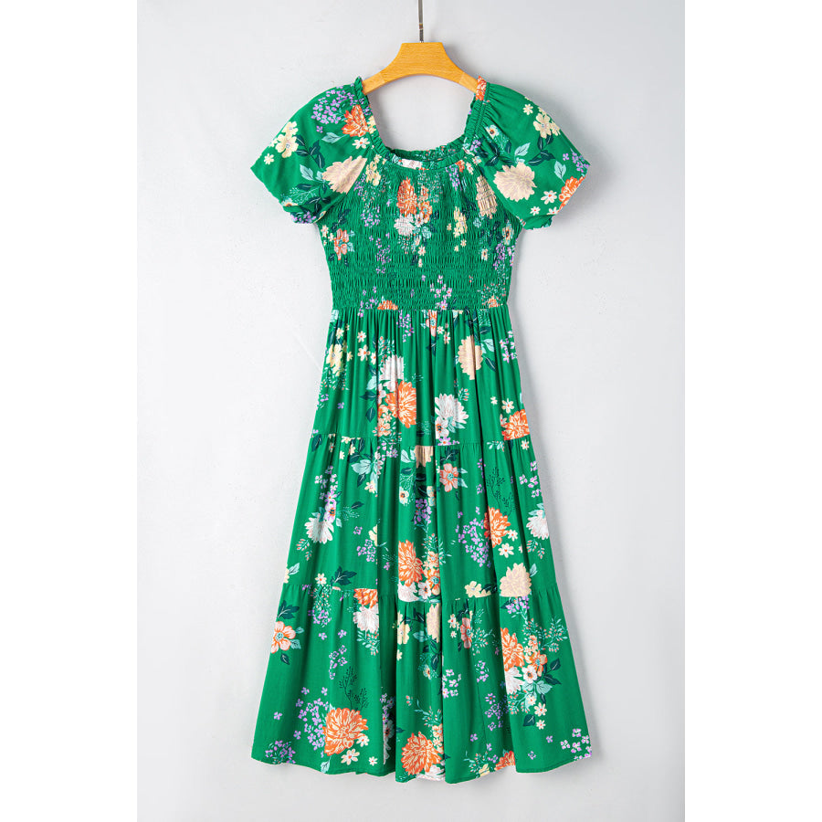 Green Floral Print Bubble Sleeve Smocked Tiered Midi Dress Dresses/Floral Dresses