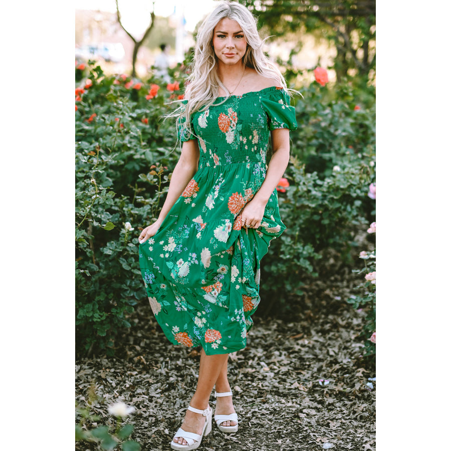 Green Floral Print Bubble Sleeve Smocked Tiered Midi Dress Dresses/Floral Dresses