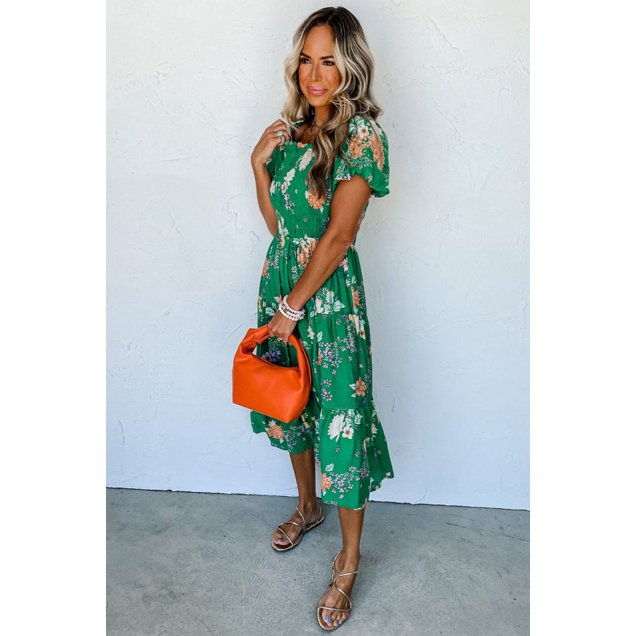 Green Floral Print Bubble Sleeve Smocked Tiered Midi Dress Dresses/Floral Dresses