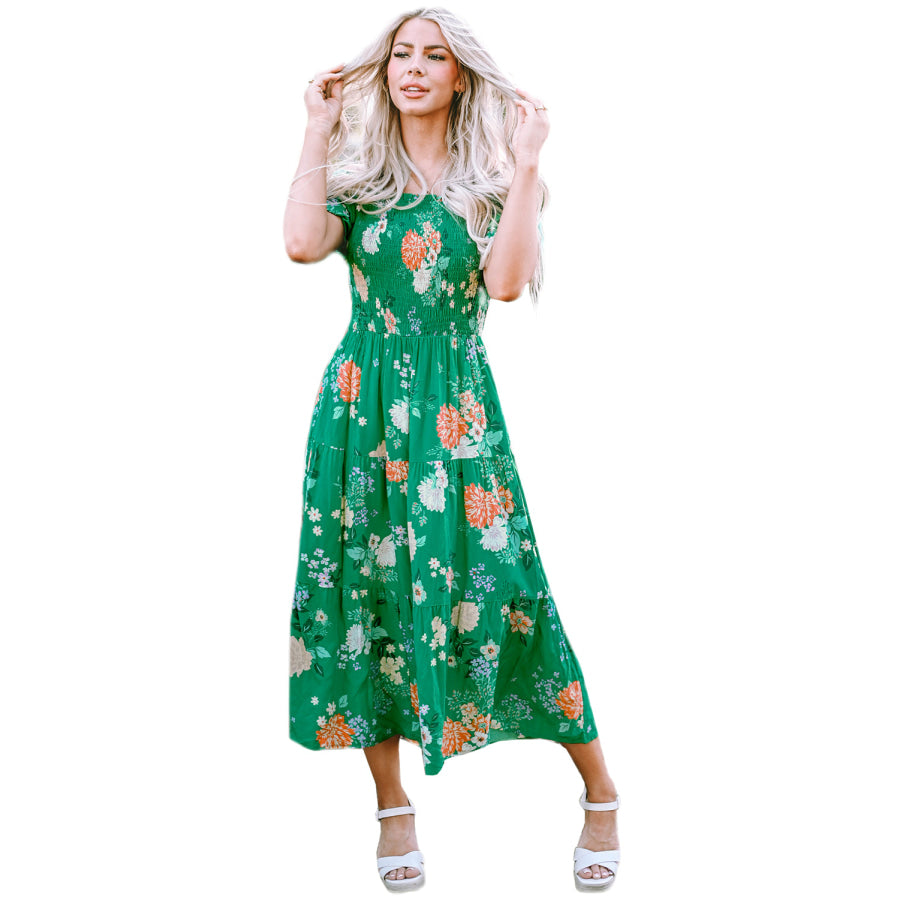 Green Floral Print Bubble Sleeve Smocked Tiered Midi Dress Dresses/Floral Dresses