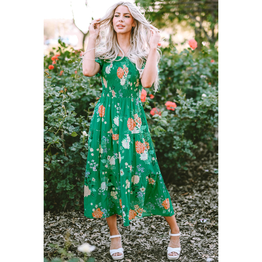 Green Floral Print Bubble Sleeve Smocked Tiered Midi Dress Dresses/Floral Dresses