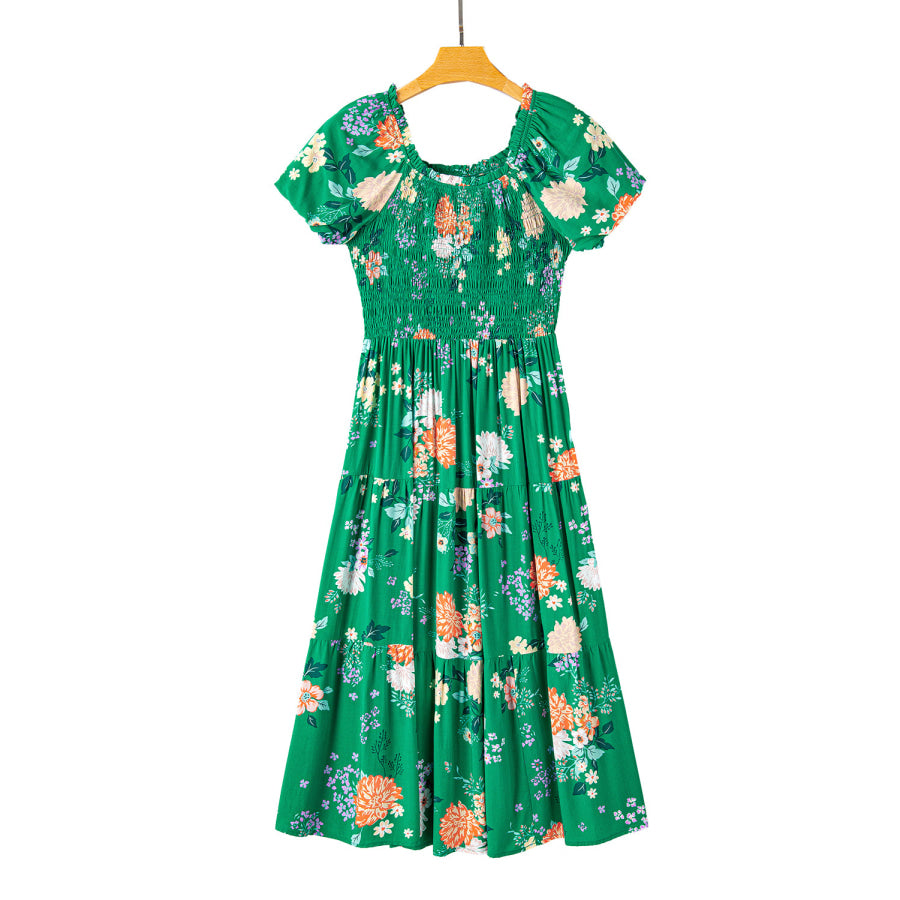 Green Floral Print Bubble Sleeve Smocked Tiered Midi Dress Dresses/Floral Dresses