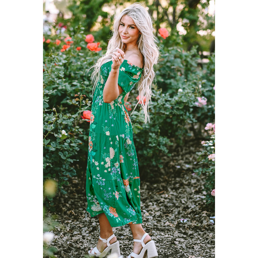 Green Floral Print Bubble Sleeve Smocked Tiered Midi Dress Dresses/Floral Dresses