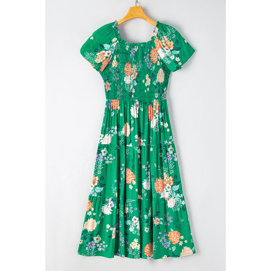 Green Floral Print Bubble Sleeve Smocked Tiered Midi Dress Dresses/Floral Dresses