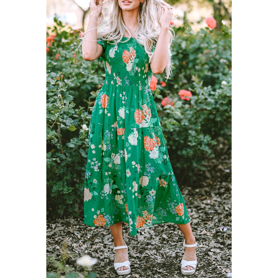 Green Floral Print Bubble Sleeve Smocked Tiered Midi Dress Dresses/Floral Dresses