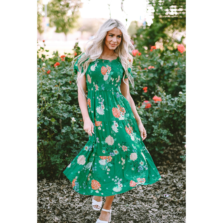 Green Floral Print Bubble Sleeve Smocked Tiered Midi Dress Dresses/Floral Dresses