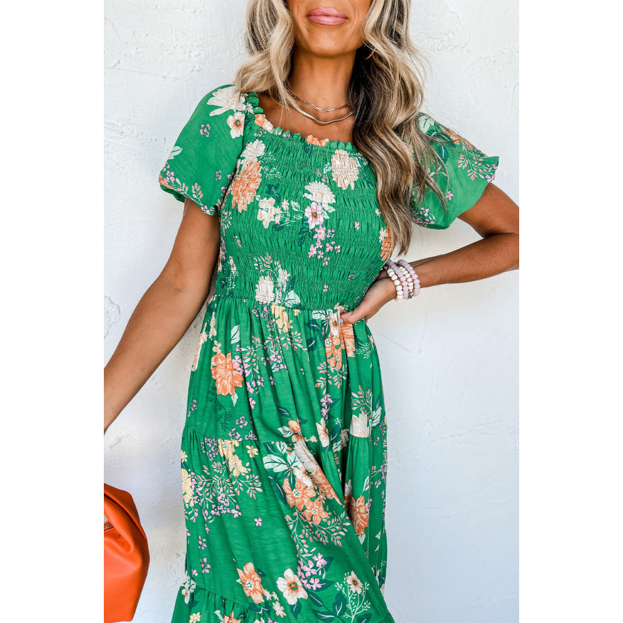 Green Floral Print Bubble Sleeve Smocked Tiered Midi Dress Dresses/Floral Dresses